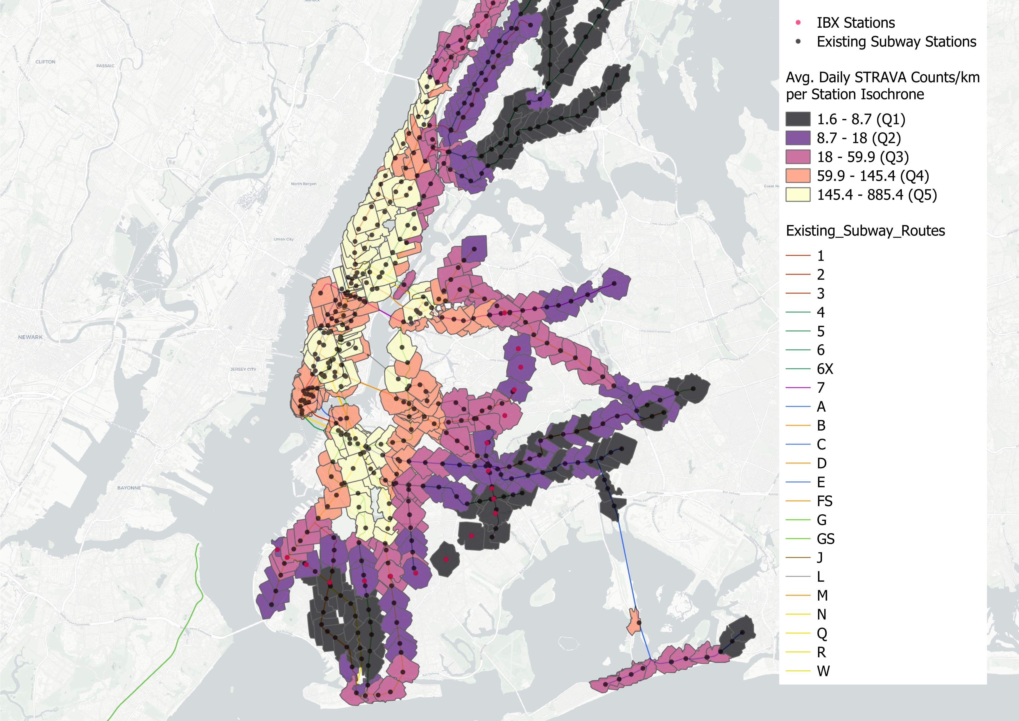 Daily STRAVA Cycling Trips Per Squre Kilometer by Isochrone