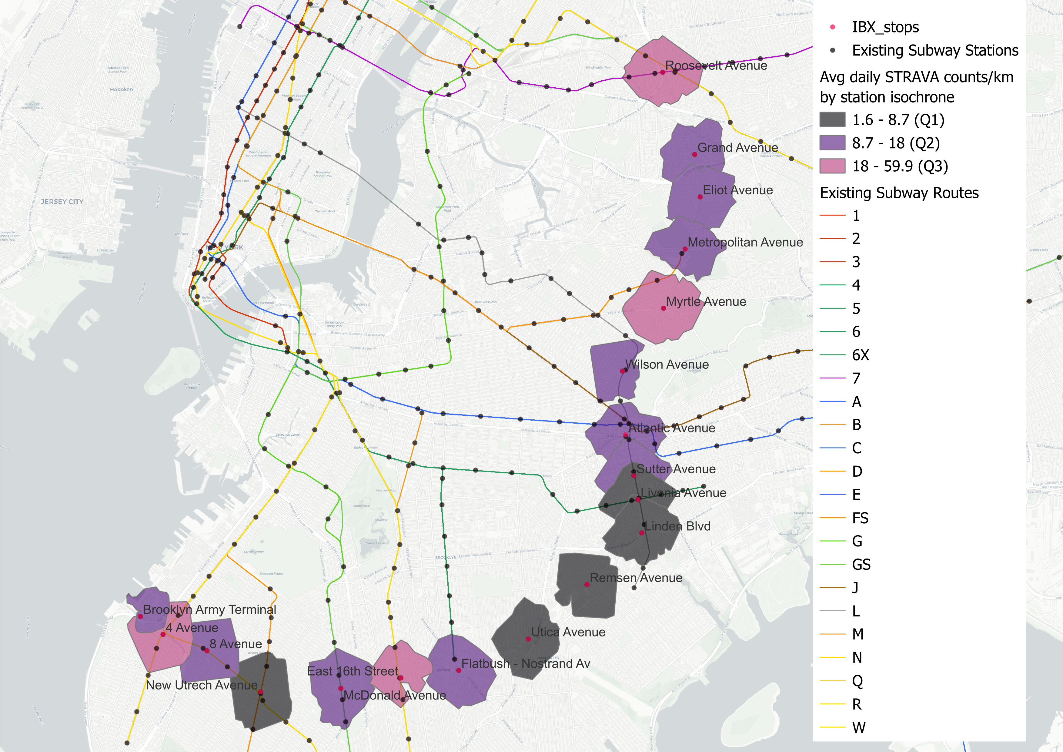 Figure 7: Daily STRAVA Cycling Trips Per Squre Kilometer by IBX Isochrone