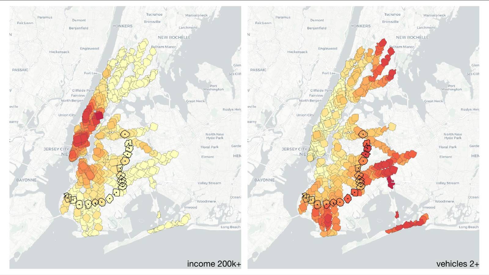 Figure 4: Households with a Yearly Income of $200k+, per Isochrone and IBX Station Isochrones, Figure 5: Households Owning 2 or more Vehicles per Isochrone and IBX Isochrones